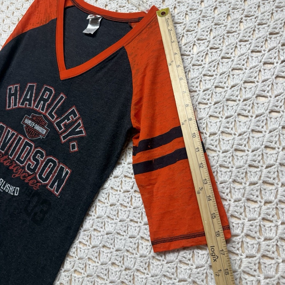Harley Davidson Top Shirt Women Size L Black orange Motorcycle 3/4 Sleeve V Neck - Picture 7 of 10
